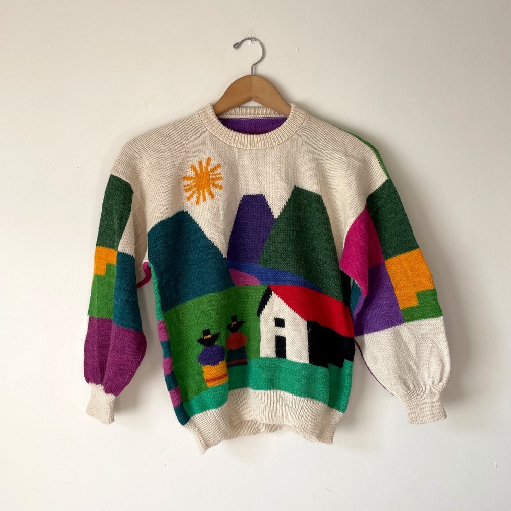 Vintage Peruvian Colorblock Sweater Small Folk Whimsical Eclectic Patchwork